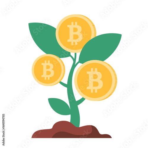 Bitcoin cryptocurrency growing on a plant symbolizing financial growth and investment