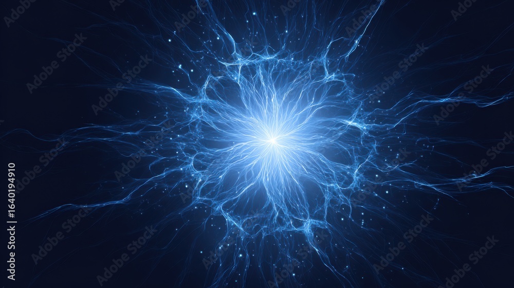 Obraz premium An electric blue energy explosion emits bright particles against a dark backdrop, showcasing swirling tendrils of light and energy. The dynamic display captures the essence of vibrant motion.