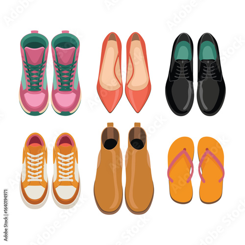 Collection of six pairs of shoes displayed against a white background