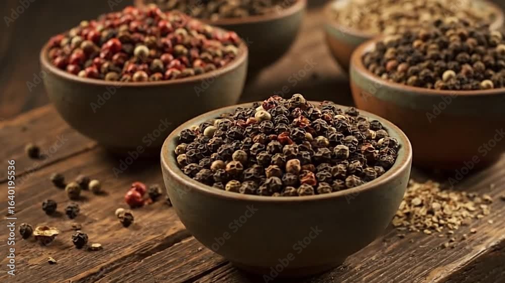 Bowls of vibrant peppercorns on rustic wood showcasing color spice variety Bowls of vibrant peppercorns on rustic wood showcasing color spice variety