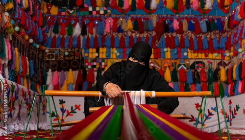Saudi woman crafting traditional national clothes, showcasing cultural heritage, hand embroidery, and authentic Arabian fabric patterns, reflecting Saudi identity and craftsmanship.