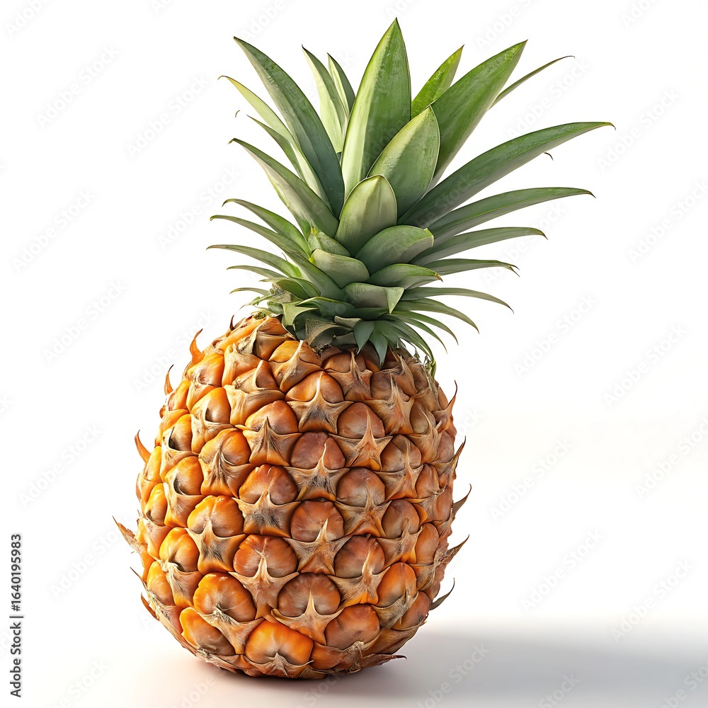 Fototapeta premium Pineapple, one isolated pineapple, light falling on it from an angle making it more visible and attractive, close-up, white background