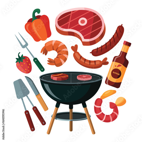 Barbecue grill with various food items and utensils arranged in a circle