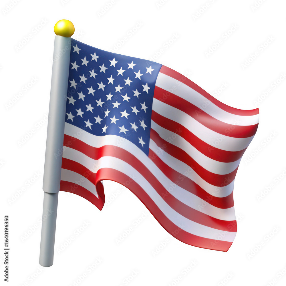 Fototapeta premium 3d american flag waving on pole isolated on transparent background