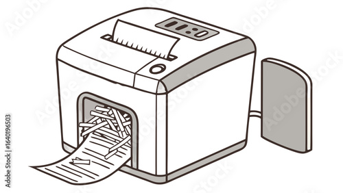Illustration of a paper shredder with shredded paper and a time display on top panel area vreated with genrated ai