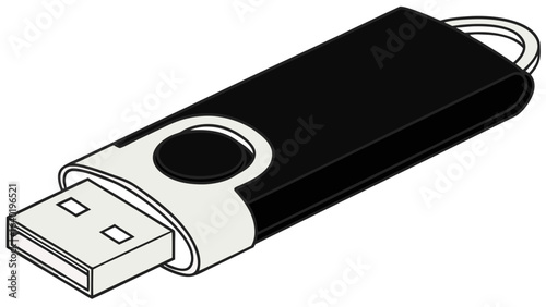 Isometric illustration of a black and white usb flash drive with a ring attachment detail vreated with genrated ai