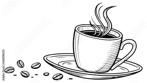 Illustration of a steaming coffee cup on a saucer with scattered coffee beans in black and white style vreated with genrated ai