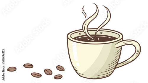 Illustration of a steaming coffee mug with coffee beans scattered nearby on a white background scene vreated with genrated ai