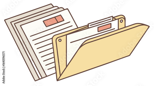 Illustration of an open manila folder with documents and paper tabs sticking out of the top edge vreated with genrated ai