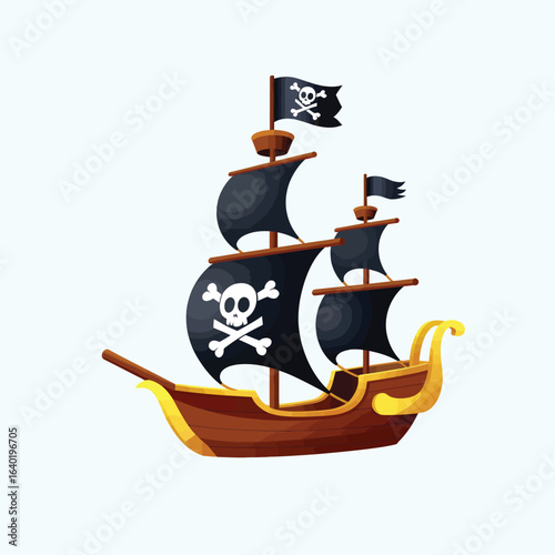 Cartoon pirate ship with black sails and skull and crossbones flag