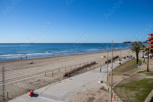 Platja de la Pineda beach in Vila-seca, Tarragona, Catalonia, Spain, a wide sandy coast popular for tourism, leisure, and Mediterranean views.