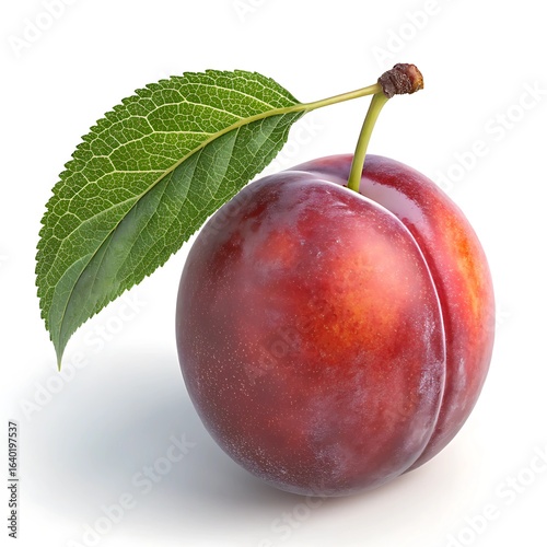 Isolated plum, one frozen plum is caught in the light from an angle making it more visible and attractive, close-up, white background