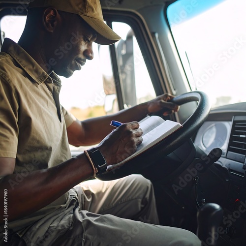 A man in a truck cab, taking notes (1)