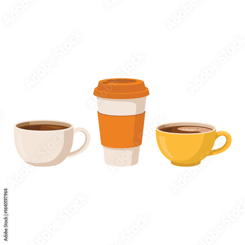 Three different coffee cups and a travel mug on a white background