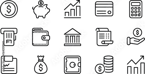 Minimalist Finance Outline Icon Set – Pixel Perfect Thin Stroke Black Line Vector Icons of Money, Banking, and Investment Symbols on White Background