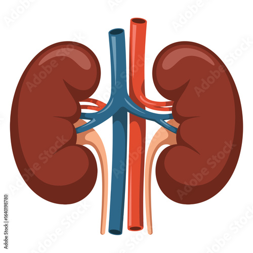 Illustration of human kidneys with major blood vessels