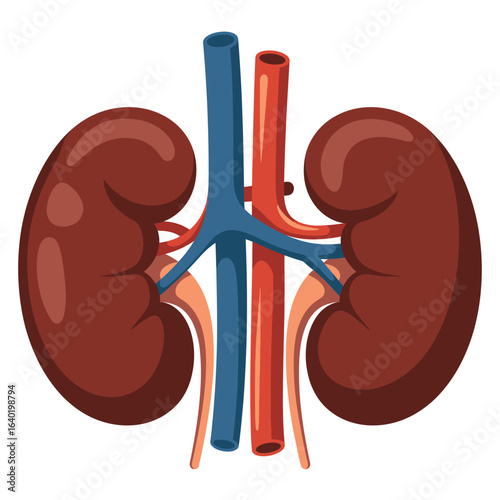 Illustration of human kidneys with renal artery and vein