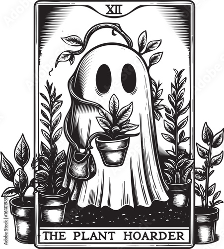 Vintage Tarot Card Illustration of Ghost with Plants in Pots
