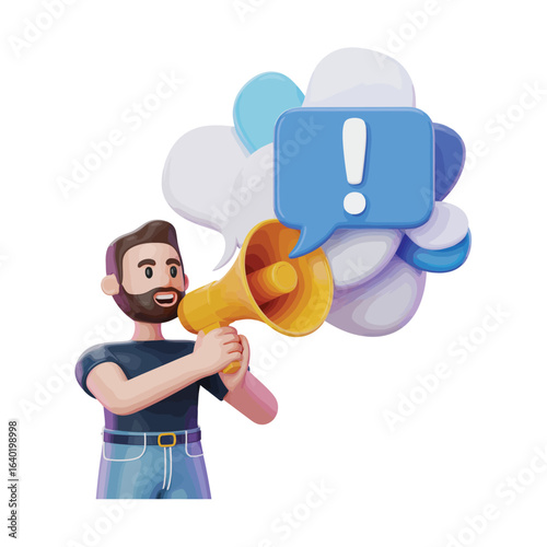 Man with megaphone announcing important information with exclamation mark speech bubble