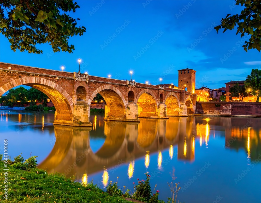 Obraz premium Ancient stone bridge at twilight, reflected in still river