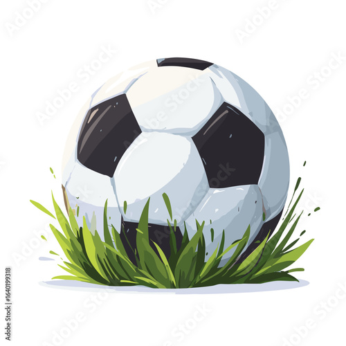 Soccer ball resting on vibrant green grass in a sunny outdoor setting