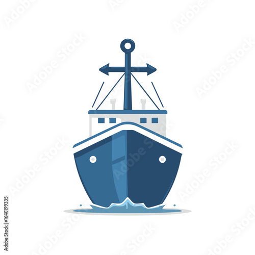 Fishing boat with anchor sailing in calm waters during the day near coastal landscape