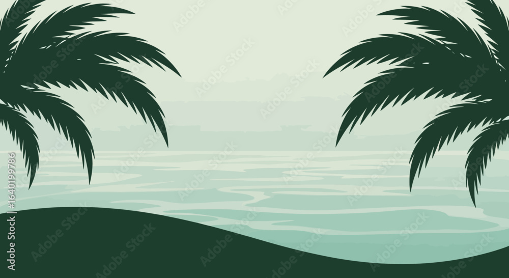 Obraz premium Tranquil palm trees overlooking serene waters in a vector illustration 