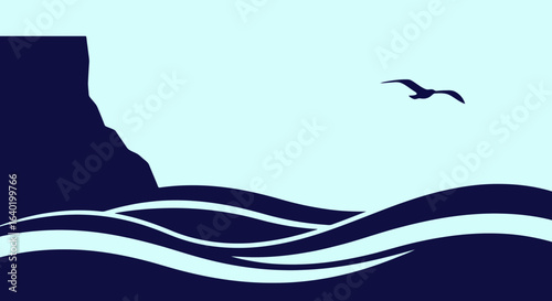Vector illustration of a seabird flying over ocean waves  