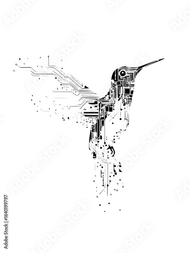 Hummingbird circuit board tech art vector illustration for print design and digital artwork projects vector art