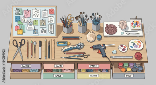 Creative Workspace With Art Supplies On A Wooden Table Background