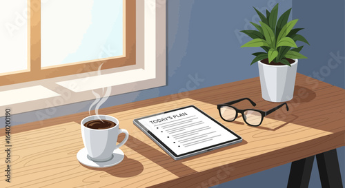 Morning Scene With Coffee, Planner And Glasses on Table