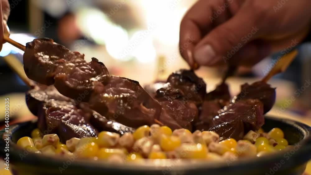 Exotic Peruvian Food: Close-Up of Anticuchos, Grilled Beef Heart Skewers, Served Over Corn in a Street Food Setting, Displayed with Vibrant Lighting and Culinary Focus, Appetizing Presentation Exotic Peruvian Food: Close-Up of Anticuchos, Grilled Beef Heart Skewers, Served Over Corn in a Street Food Setting, Displayed with Vibrant Lighting and Culinary Focus, Appetizing Presentation