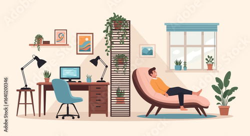 Relaxing At Home Man Enjoying Comfortable Living Space With Desk