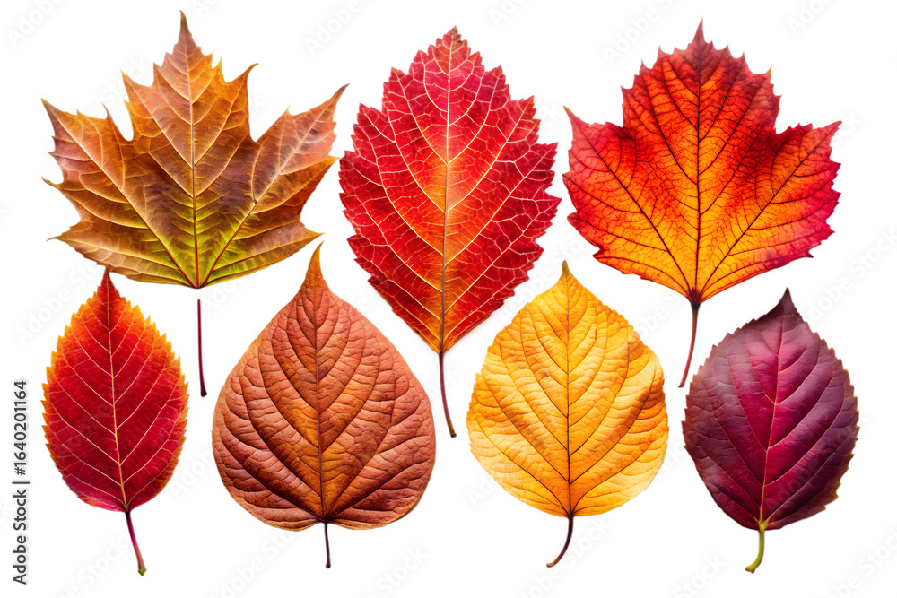Naklejka premium Assortment of eight colorful autumn leaves in shades of red, orange, yellow, brown, and purple, isolated on transparent background