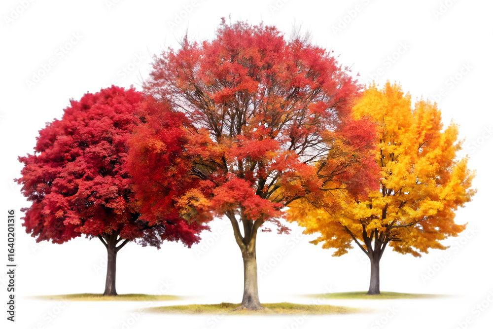 Fototapeta premium Three trees displaying vibrant red, orange, and yellow foliage during autumn, isolated on a transparent background