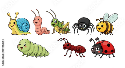 Collection of Adorable Cartoon Insects and Bugs on White Background