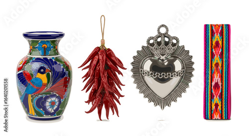 Vibrant Mexican Souvenirs Displayed: Vase, Peppers, Heart, and Textile