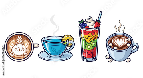 Cartoon drinks selection: latte, tea, smoothie, and cocoa beverage design