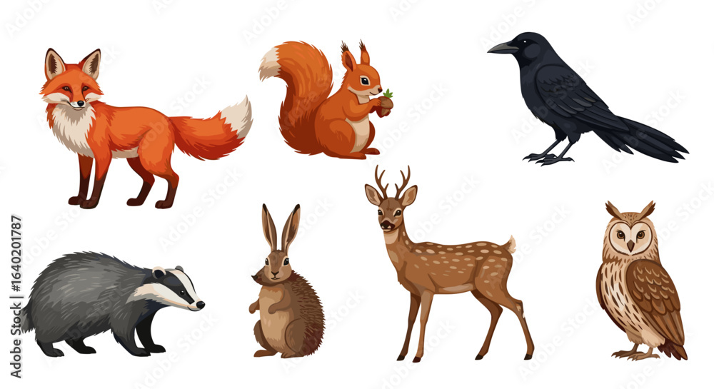 Obraz premium Illustrated woodland animals collection including fox, squirrel, crow, deer, and more.