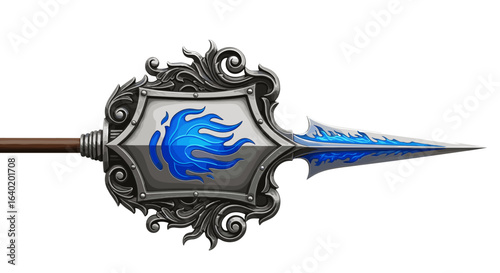Ornate Spear with Shield and Blue Flame Design on White Background