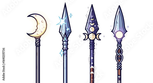 Mystical spears and staves with glowing moon designs and magical elements