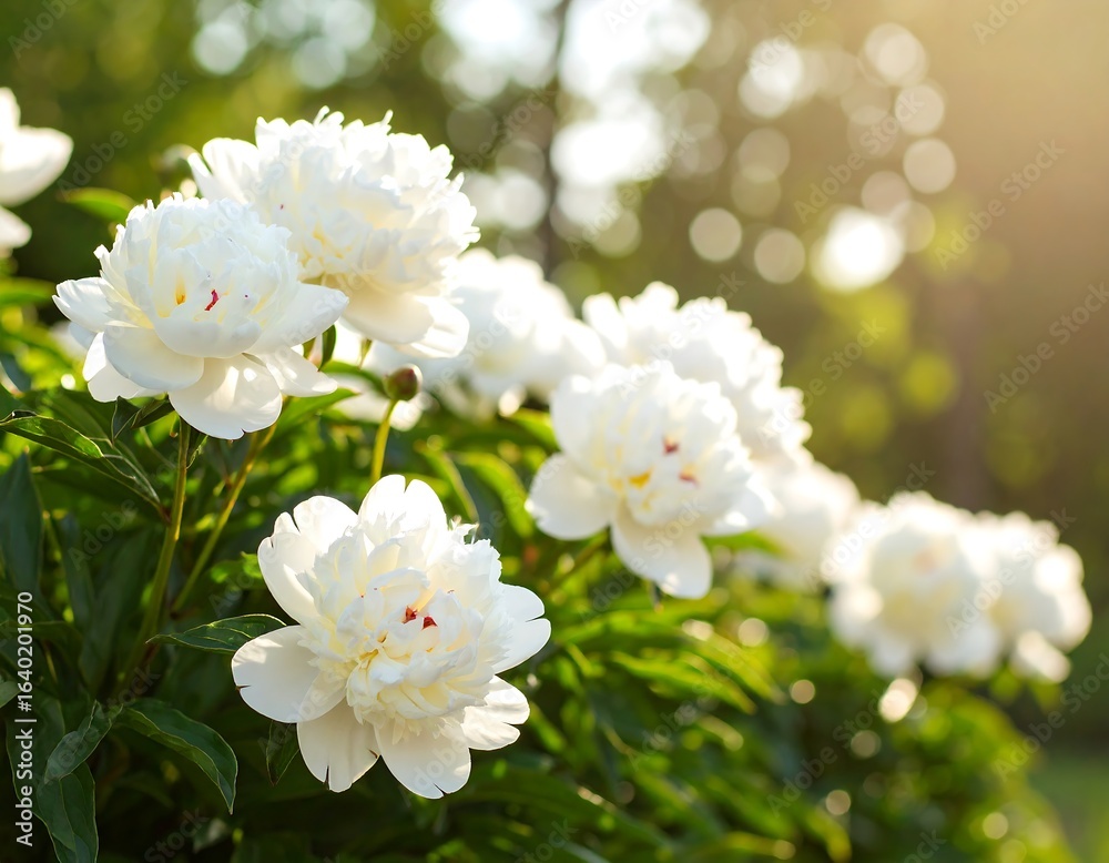 Obraz premium Beautiful white peonies in a garden bathed in sunlight