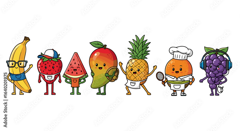 Naklejka premium Cartoon Fruits Character Collection with Accessories on a White Background