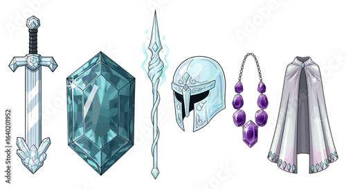 Fantasy Ice Kingdom: Sword, Crystal, Staff, Helmet, Necklace, and Cape