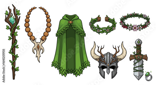 Fantasy Druid Items: Magical Accessories, Weapons, and Clothing Illustration
