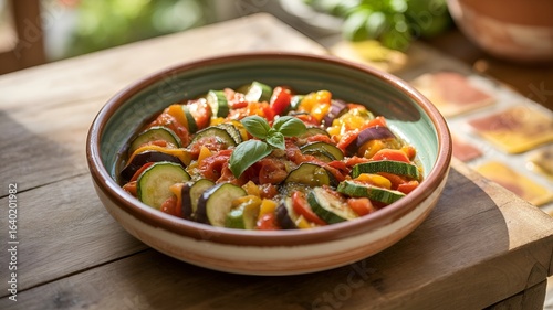 A close-up shot of a delicious ratatouille dish in a ceramic bowl.