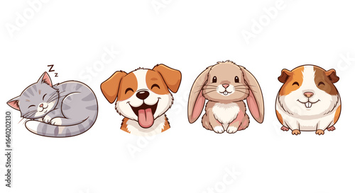 Adorable cartoon pets lined up: cat, dog, rabbit, and guinea pig