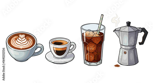 A Variety of Coffee Preparations Illustrated on a Clean White Background