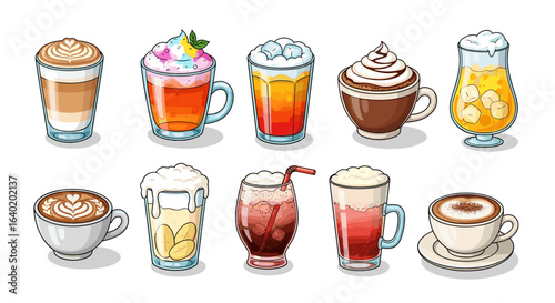 Artistic assortment of beverages: coffee, juice, cocktails, vector illustration