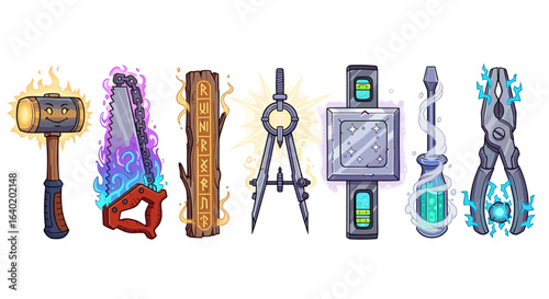 Whimsical enchanted tools, glowing with magic, arranged on white background.